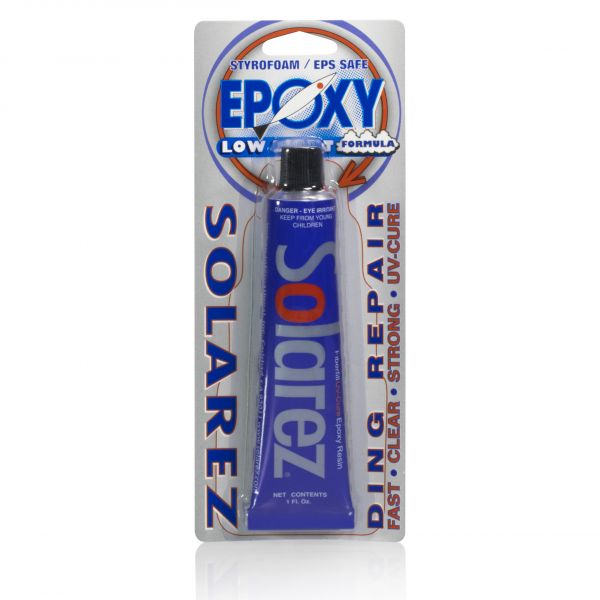 Solarez Epoxy Low-Lite Ding Repair 1 oz tube in packaging, styrofoam safe.