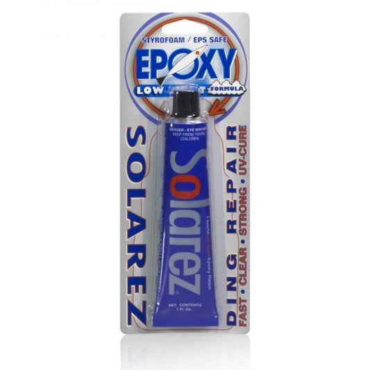 Solarez Epoxy Low-Lite Ding Repair 1 oz tube in packaging, styrofoam safe.