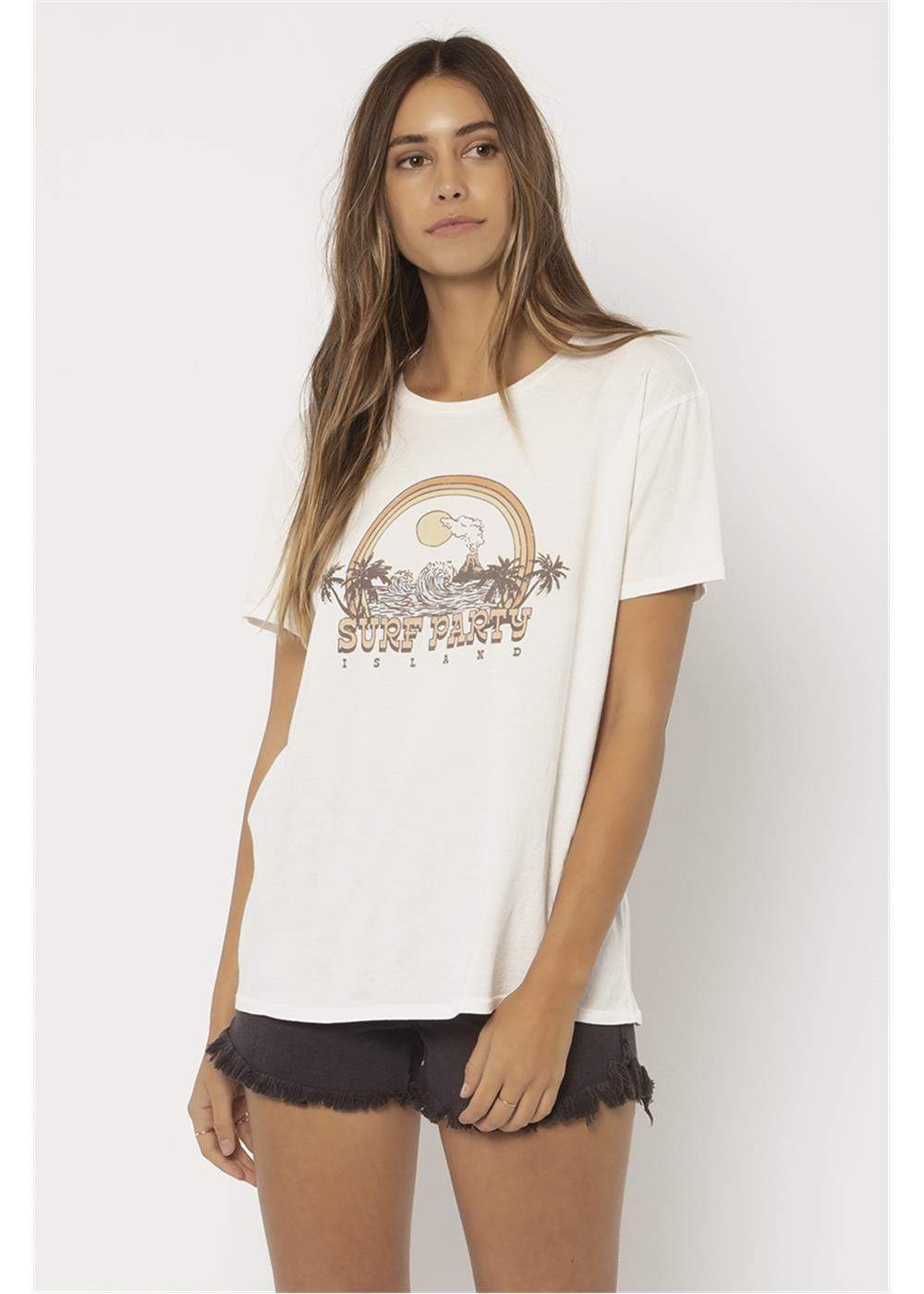 Sisstrevolution Island Party S/S Knit Tee in yellow with surf graphic.