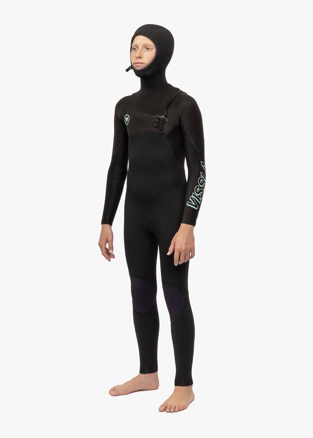 Vissla Boys Hooded Wetsuit designed for comfort and flexibility. Made with lightweight Neoprene, this full wetsuit ensures warmth and durability for water sports.