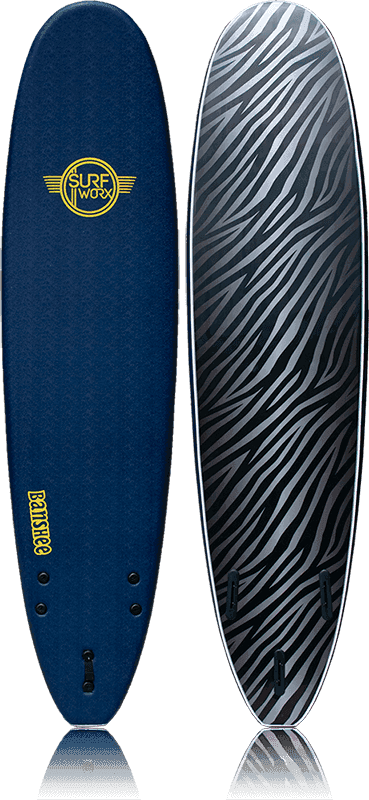 Alder Surfworx Banshee Mini Mal 7ft softboard with blue deck and zebra-striped bottom.