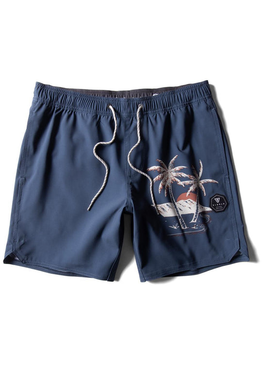 Vissla Le'Ahi 17.5" boardshort in dark denim with tropical palm tree design, front view.