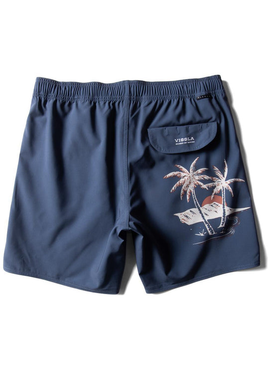 Vissla Le'Ahi 17.5" boardshort in dark denim with tropical palm tree design, back view.