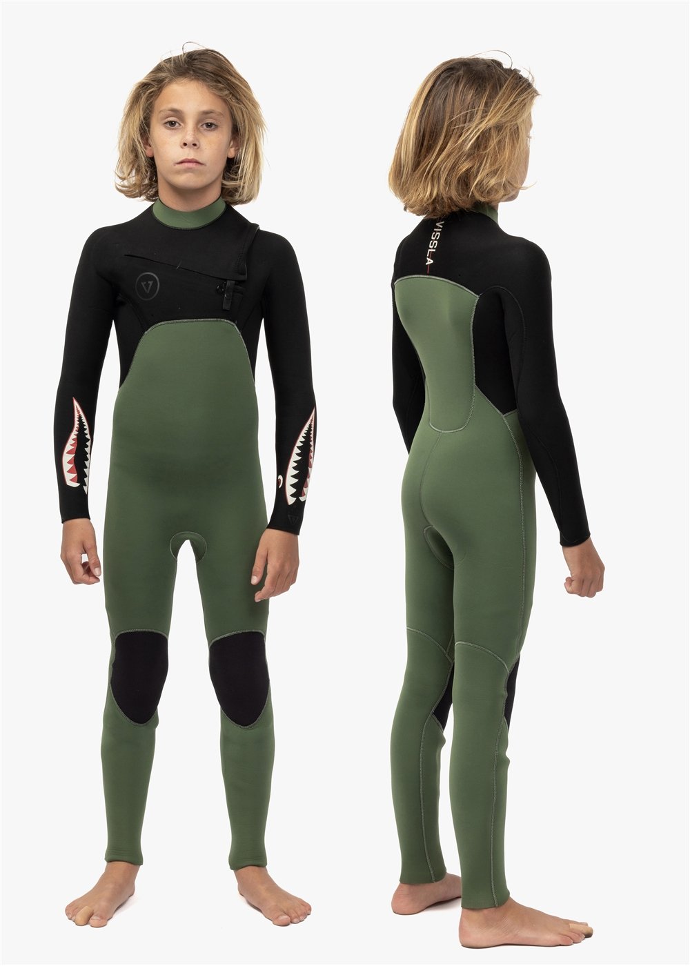 Vissla 7 Seas boys 3-2 full chest zip wetsuit for kids, black and green, full body wetsuit for water sports