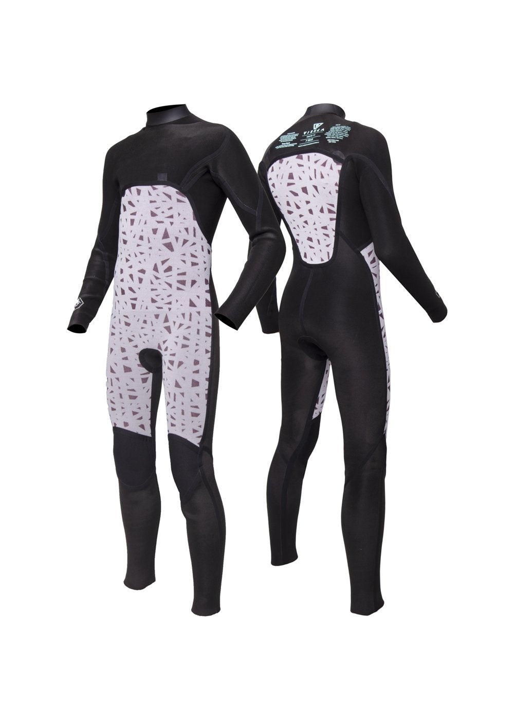 Black and purple Vissla 7 Seas boys 3-2 full chest zip wetsuit with geometric pattern, made of neoprene, designed for water sports, front view