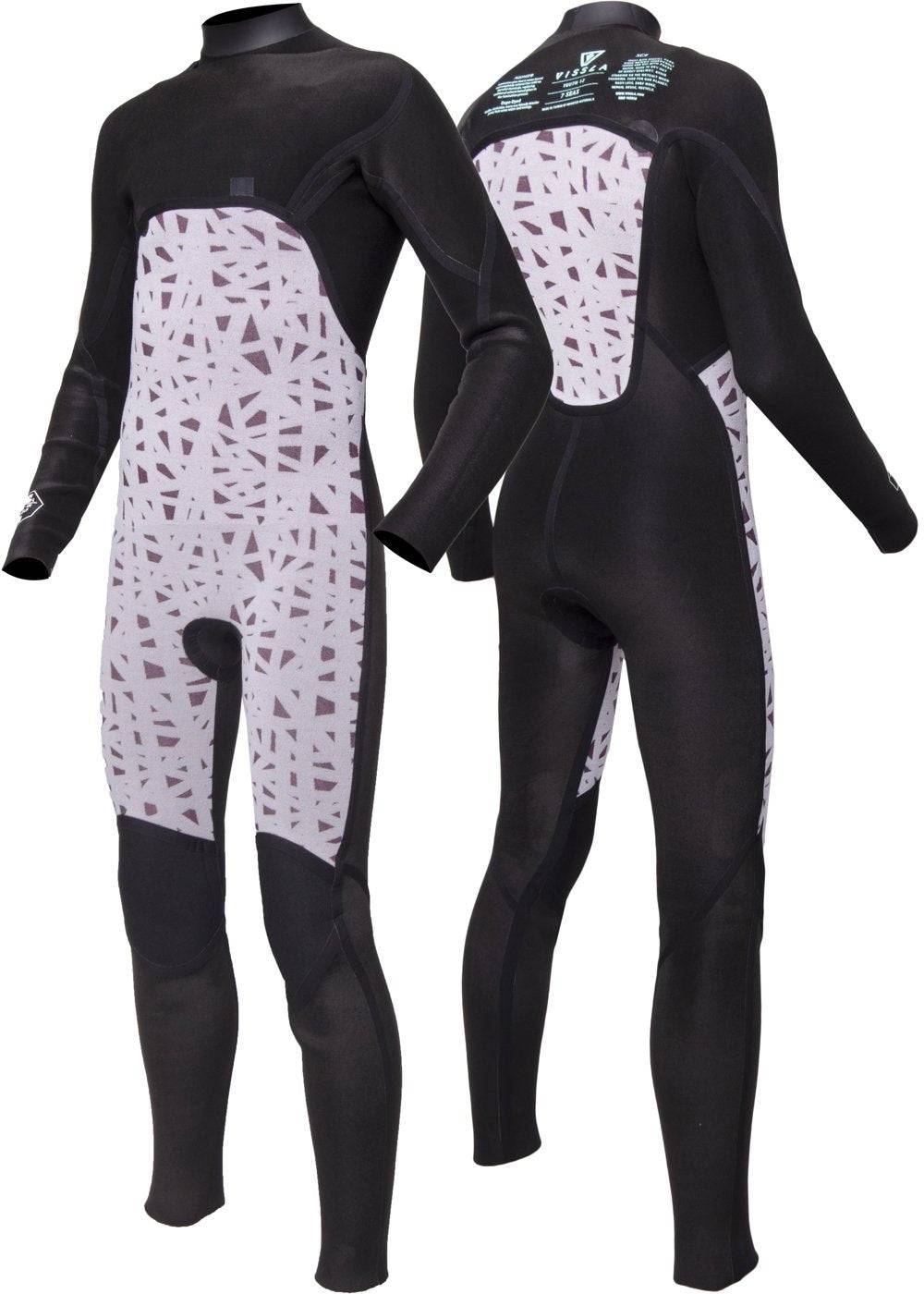 Vissla 7 Seas Boys 4-3 wetsuit showing interior thermal liner and back view.