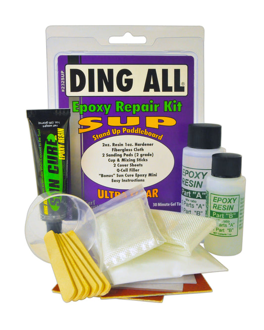 SUP Epoxy Repair Kit - Ding All SUP Repair Kit includes resin, hardener, fiberglass cloth, and sanding pads for surfboard ding repair.