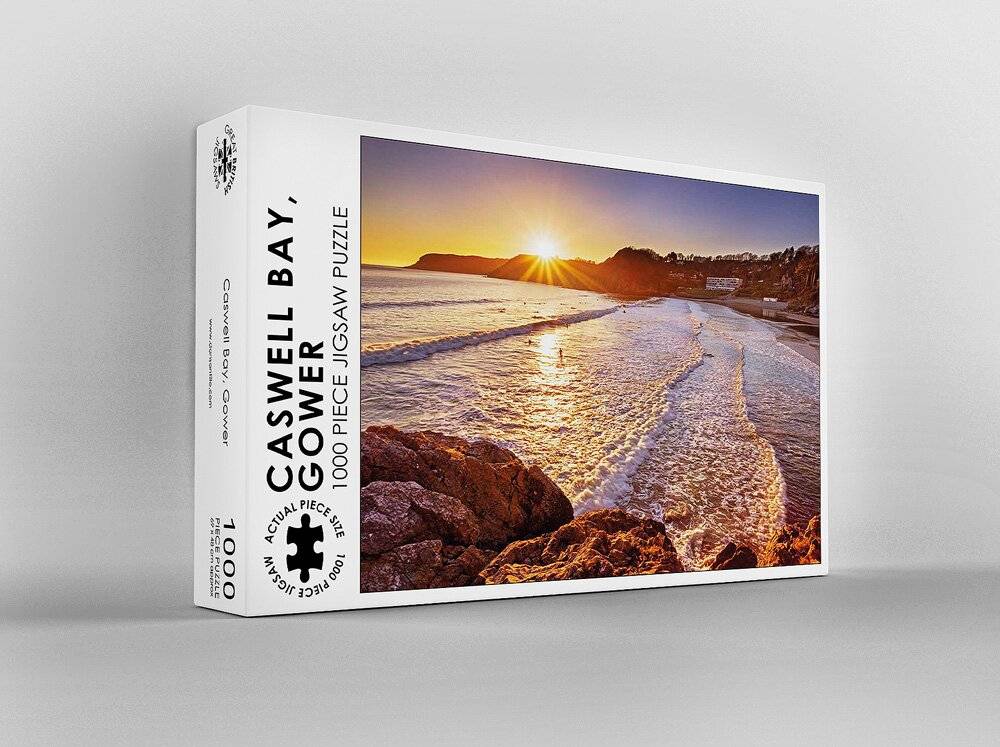 Dan Santillo jigsaw puzzle featuring a sunset view of Caswell Bay, 1000 pieces.