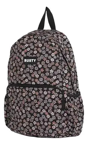 Side view of Rusty Indiana Backpack featuring floral pattern and spacious compartments.