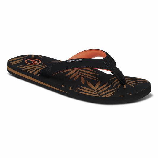 FoamLife Zikat SC women's flip flop in black and brown with tropical print.