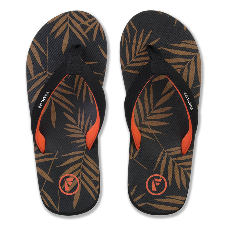 Top view of FoamLife Zikat SC women's flip flops with black straps and brown leaf design.