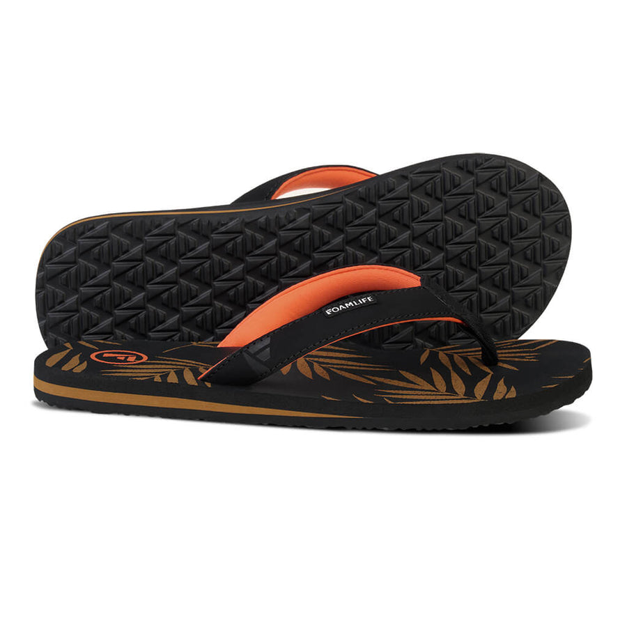FoamLife Zikat SC flip flops showing black sole, orange accents, and tropical print.