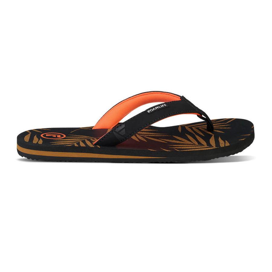 Side view of FoamLife Zikat SC women's flip flop with black straps and brown design.
