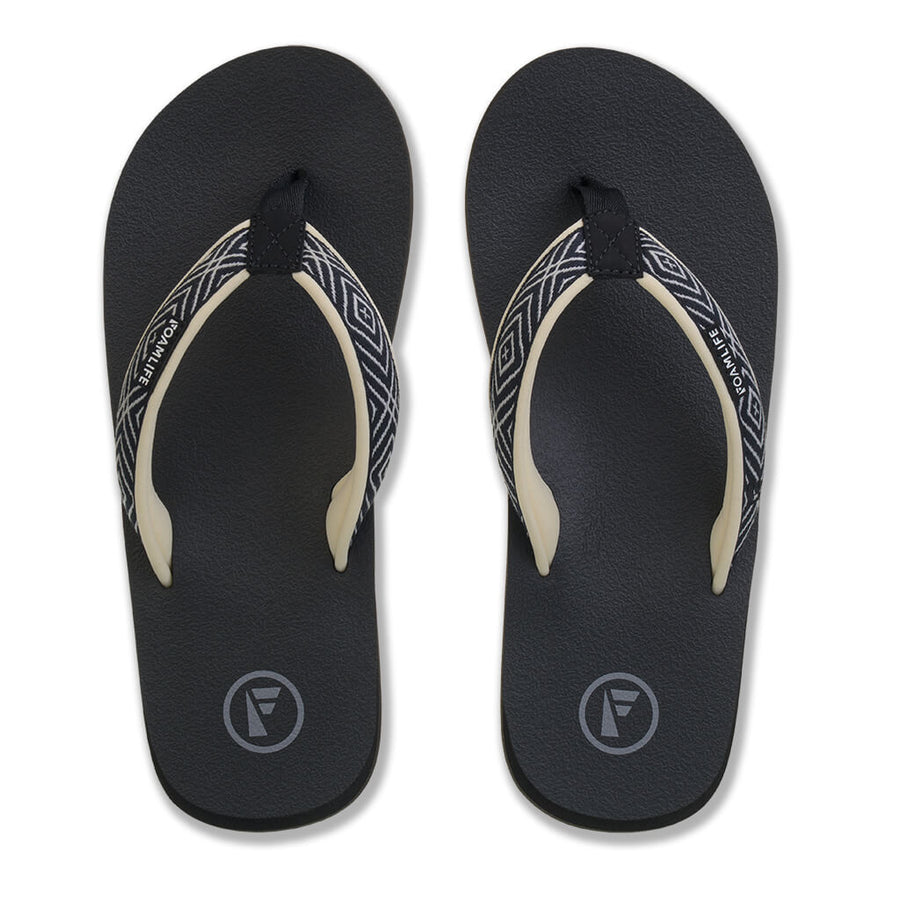 Top view of FoamLife Yogi black flip flops with patterned straps.