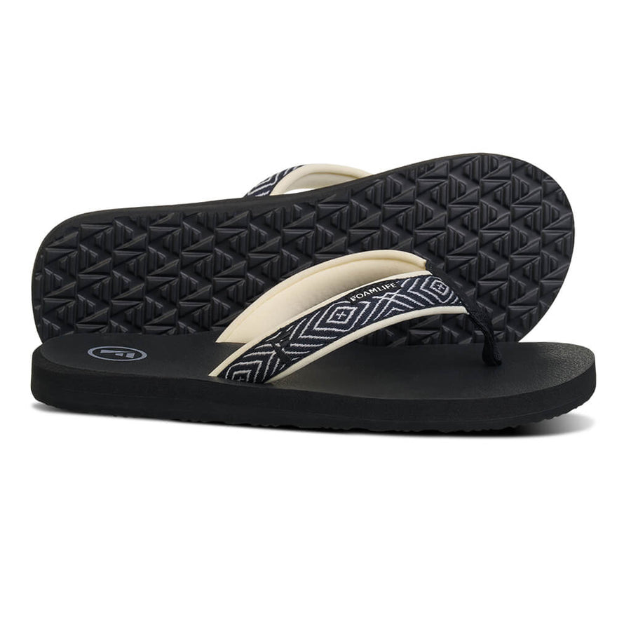 Side and sole view of FoamLife Yogi black flip flops with textured grip.