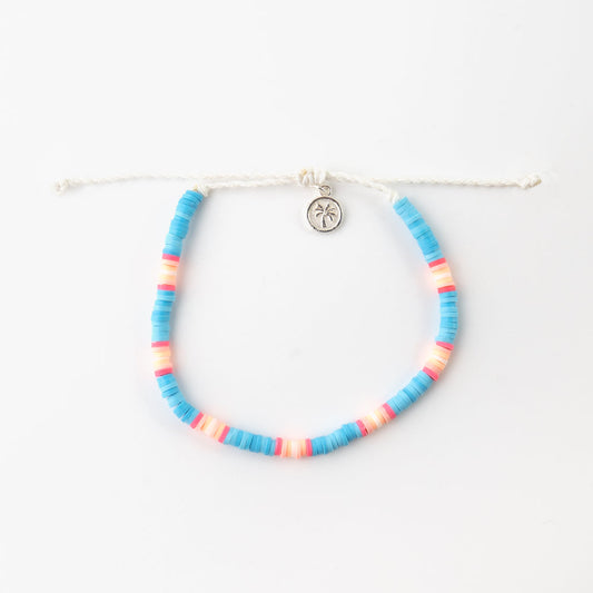 Lucky Bay clay beaded anklet in pastel blue, pink, and white with charm.