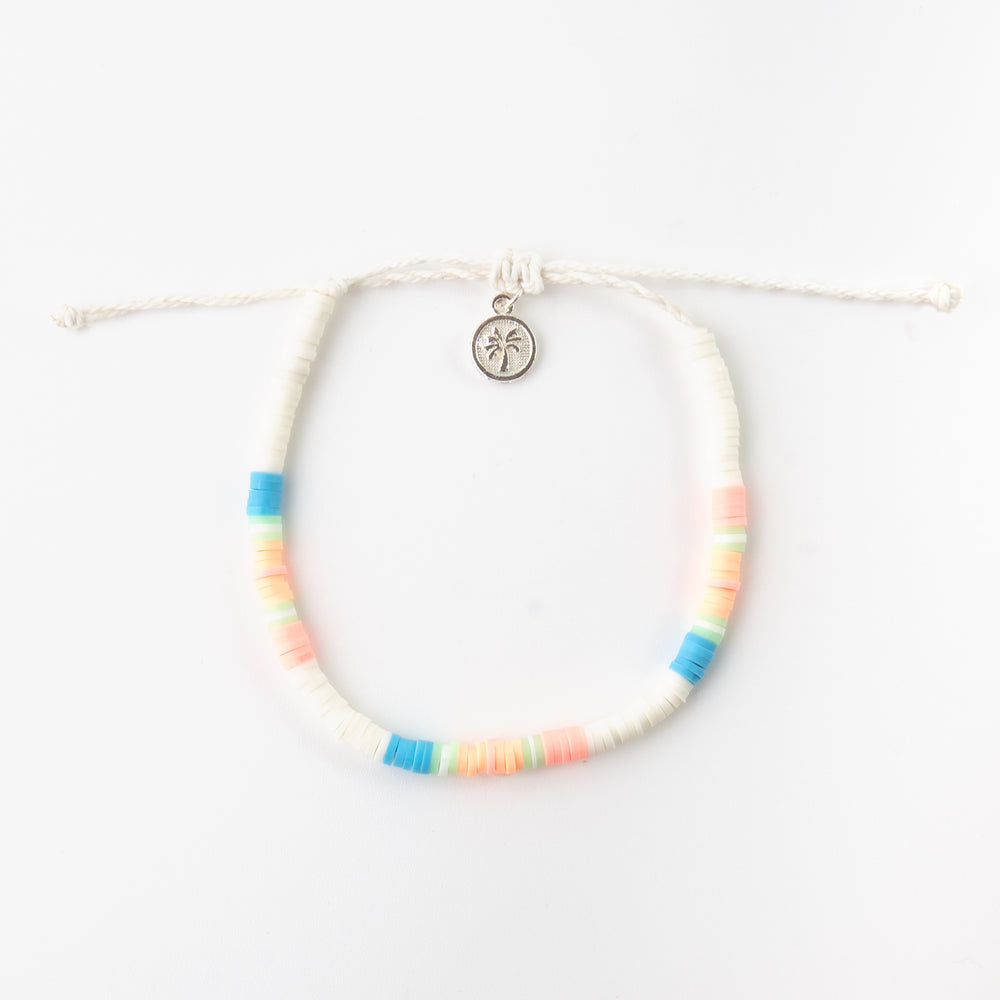 Pineapple Island Wategos clay beaded anklet with pastel beads and charm.