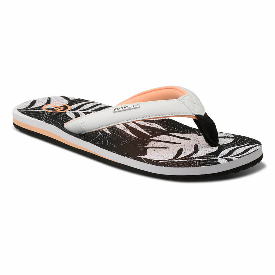 FoamLife Zikat SC women's black flip flops with tropical leaf design.