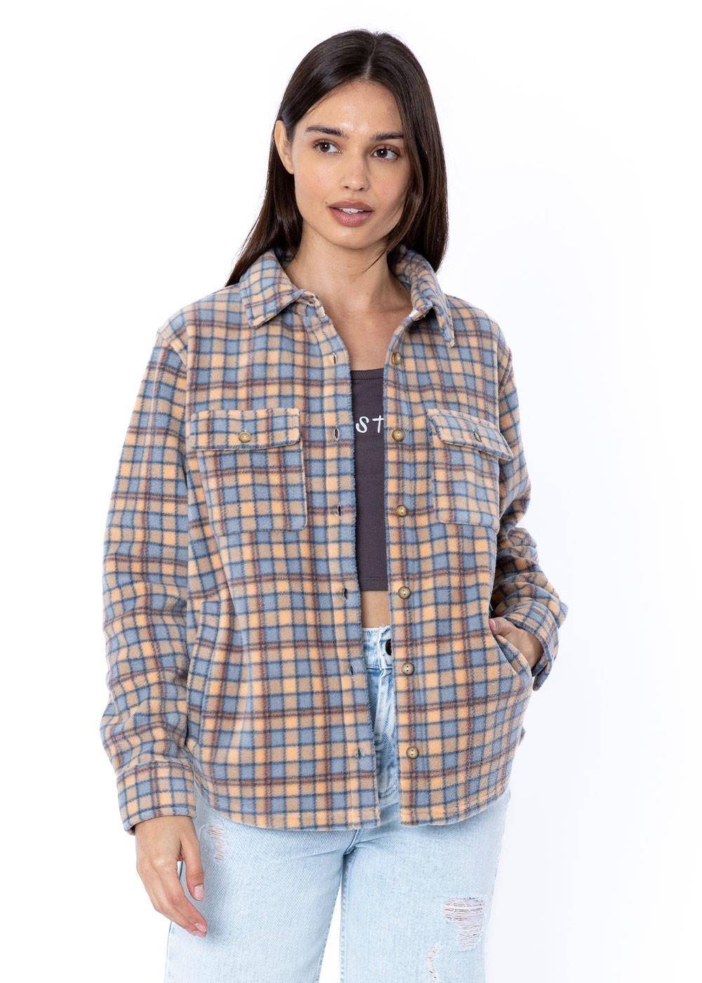 Sisstr Michelle Eco-Zy coral shirt, plaid design, mid-length, styled with ripped jeans.