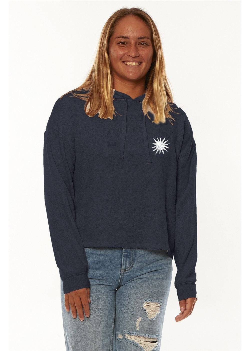 Back view of Sisstr High Seas Ls Crop Flc Hoodie in navy with wave and sun graphic.