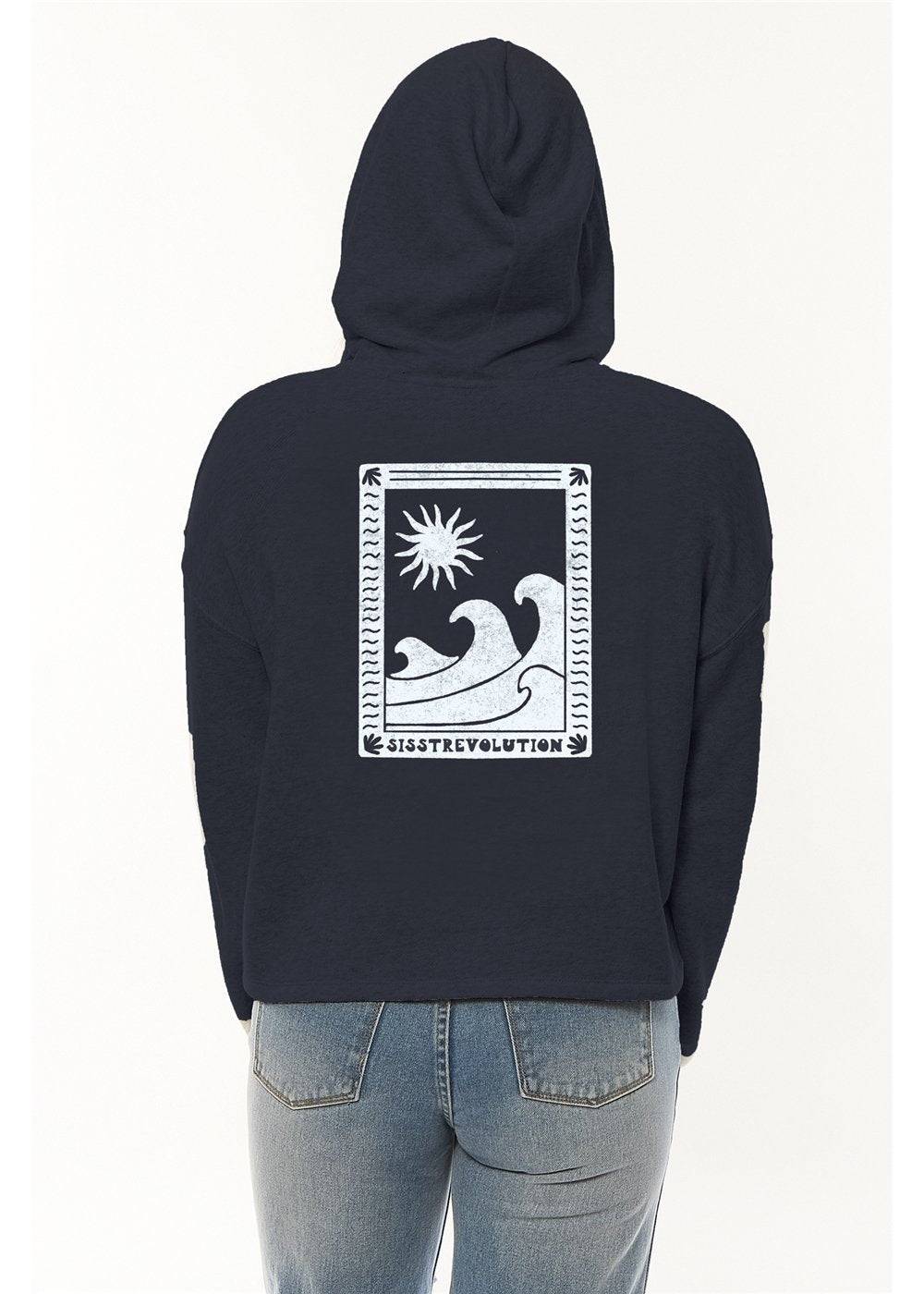 Back view of Sisstr High Seas Ls Crop Flc Hoodie in navy with wave and sun graphic.