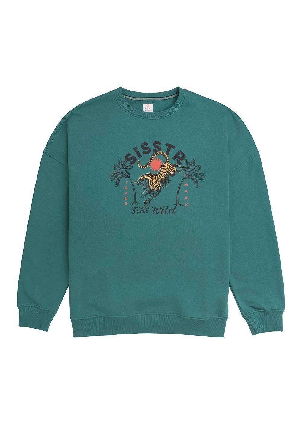 Sisstrevolution Stay Wild Crew Fleece in vintage green with graphic design.