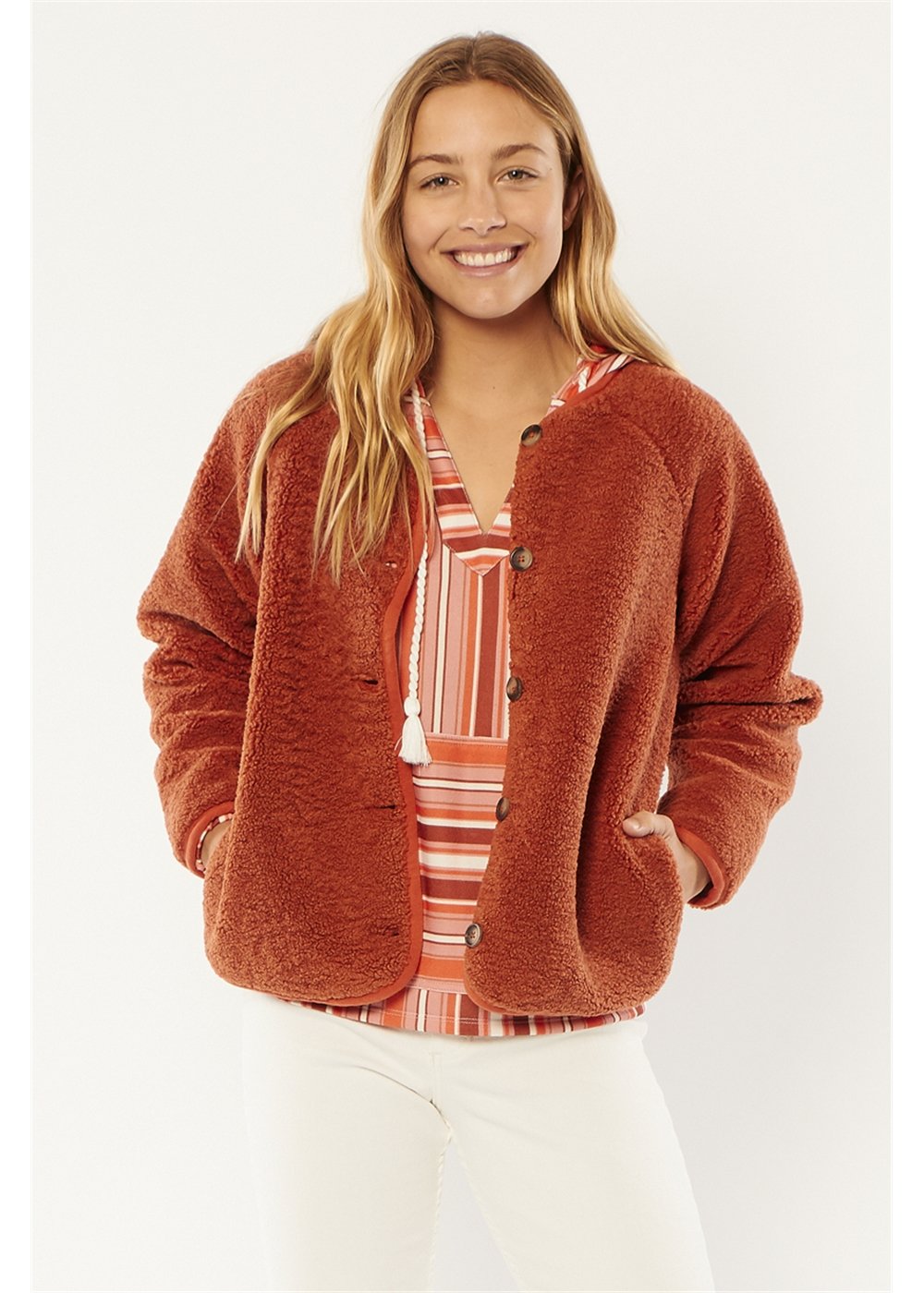 Sissttevolution To The Max Knit Jacket in rust color, front view.