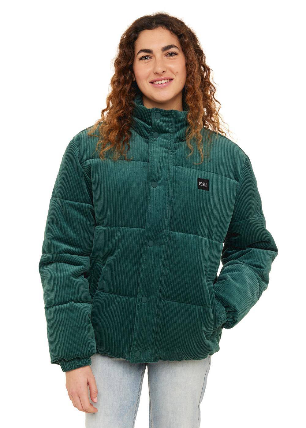 Front view of Sisstr Mara Corduroy Puff Jacket in green with a high collar.