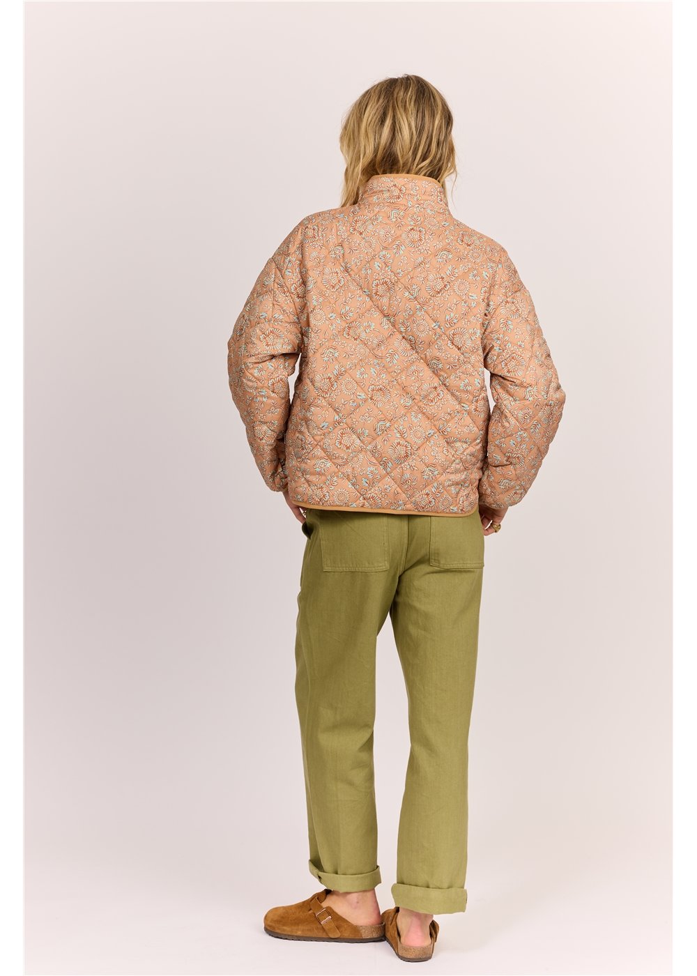 Back view of Sisstr Heatin' Up Jacket - sweet clay, featuring diamond quilt stitching and relaxed silhouette in 100% polyester.