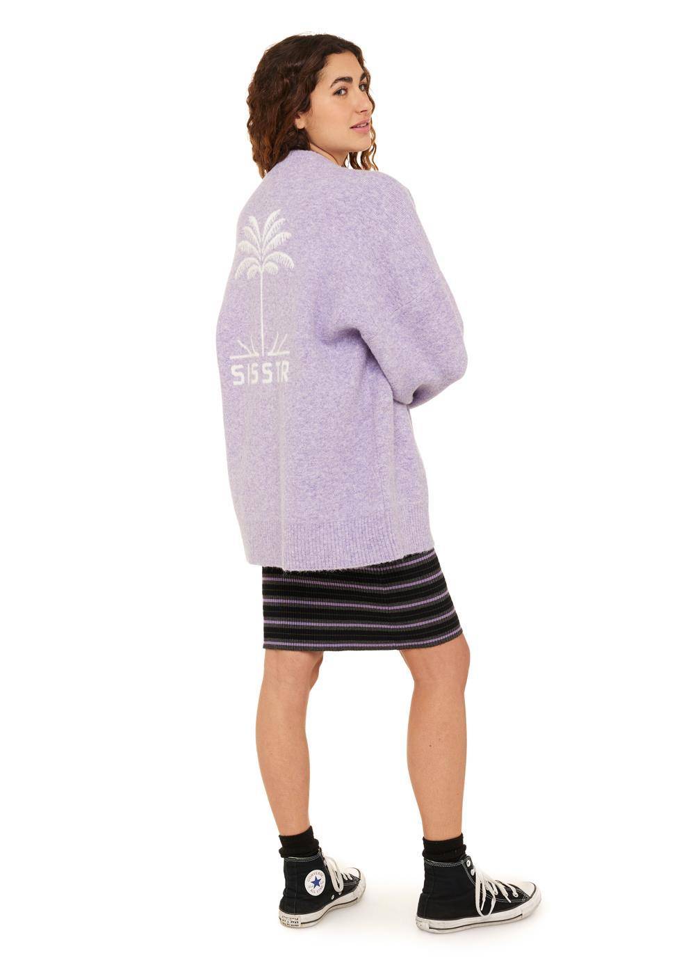 Back view of lavender Sisstr Maggie Gilet featuring palm tree jacquard and logo.