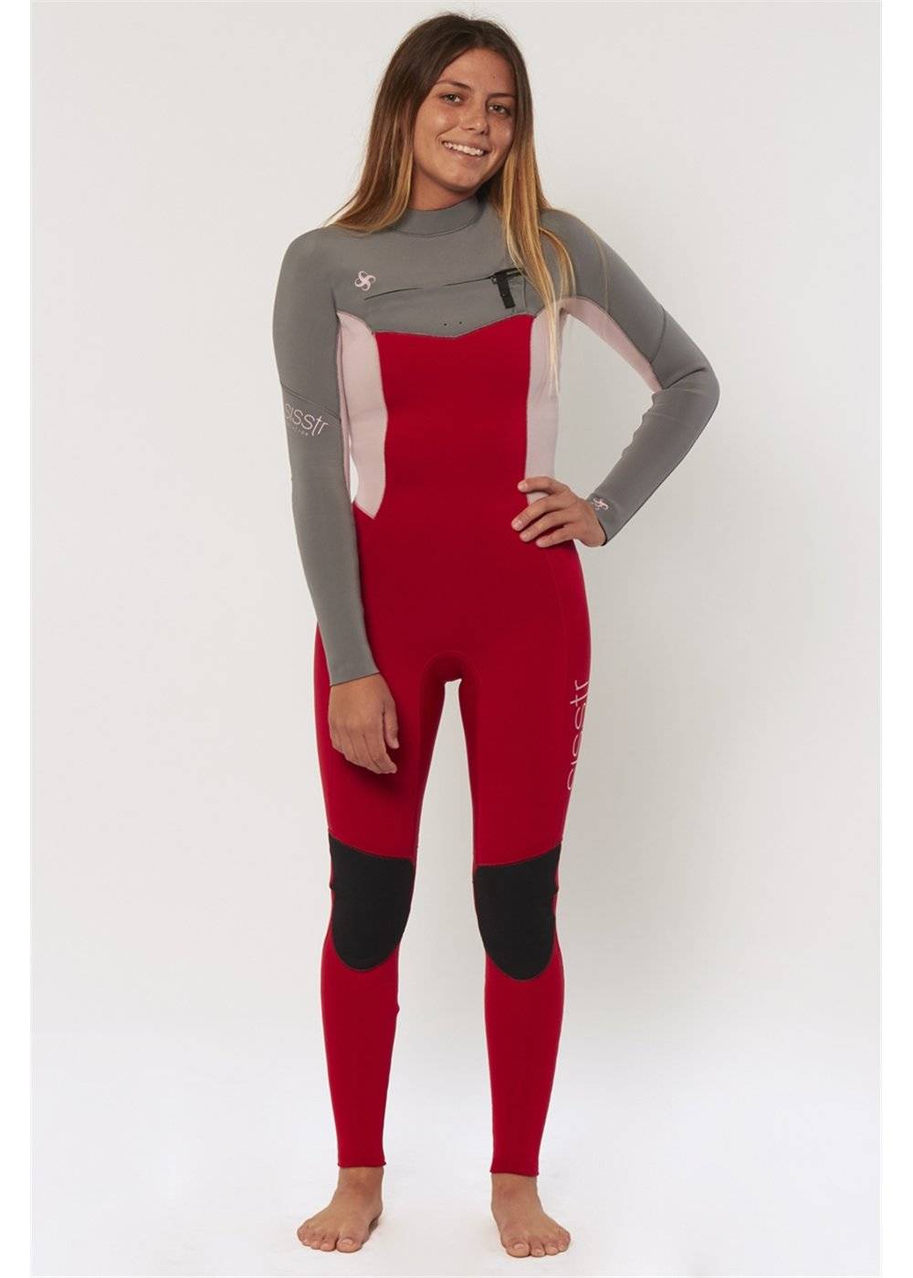 Sisstrevolution 7 Seas 3/2 chest full wetsuit in red with gray sleeves, front view.