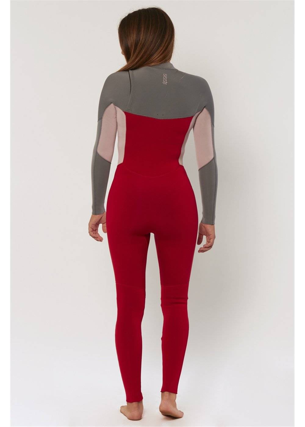 Sisstrevolution 7 Seas 3/2 chest full wetsuit in red with gray sleeves, back view.