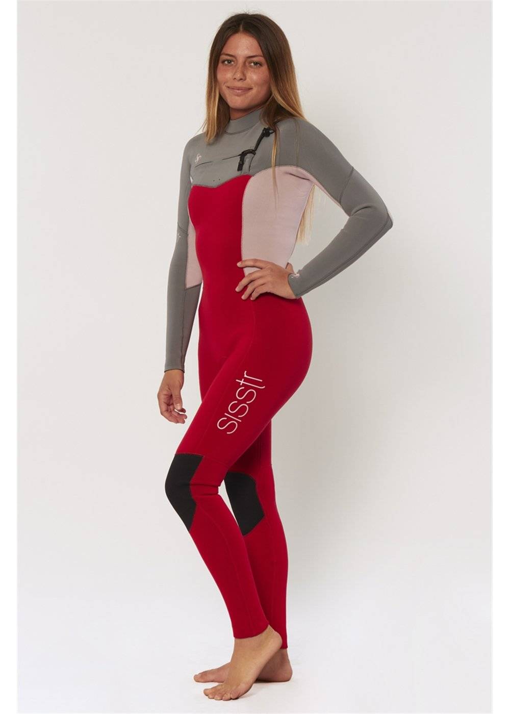 Sisstrevolution 7 Seas 3/2 chest full wetsuit in red with gray sleeves, side view.