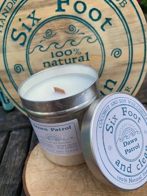 Six Foot & Clean Dawn Patrol natural coconut and soy wax candle in tin.