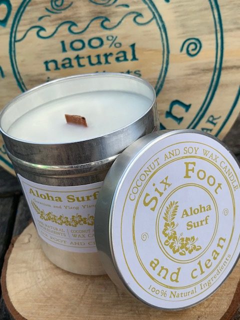 Six foot & clean Aloha Surf natural coconut and soy wax candle with lid.