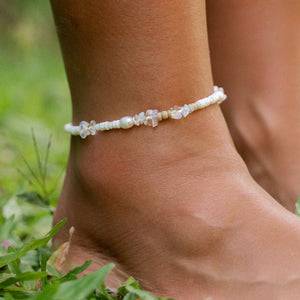 Pineapple Island Love is Here Natural Stone, Pearl & Shell Anklet - Moonstone