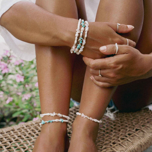 Love is Here Natural Stone, Pearl & Shell Anklet Set