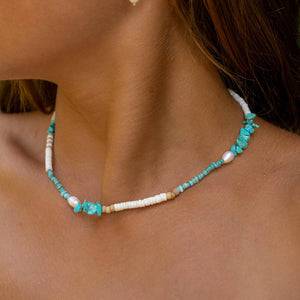 Pineapple Island Love Is Here Natural Stone, Pearl & Shell Necklace - Turquiose