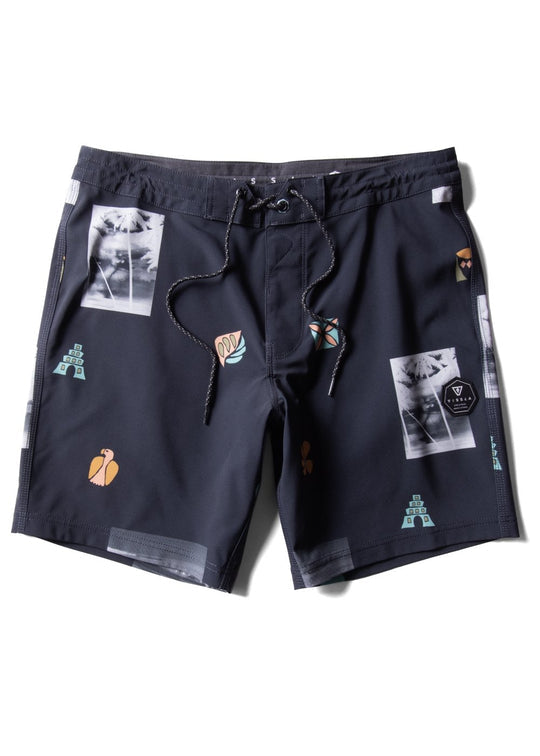 Vissla Neu Wave 17.5" black boardshort with abstract prints, front view.
