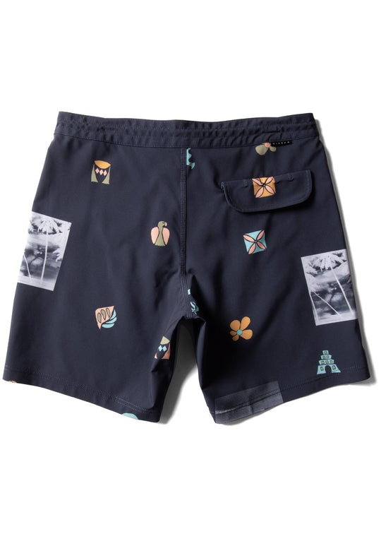 Vissla Neu Wave 17.5" black boardshort with abstract prints, back view.