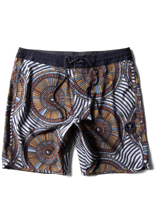 Vissla Skeleton Coast 18.5" boardshort in Phantom with tribal-inspired circular patterns.