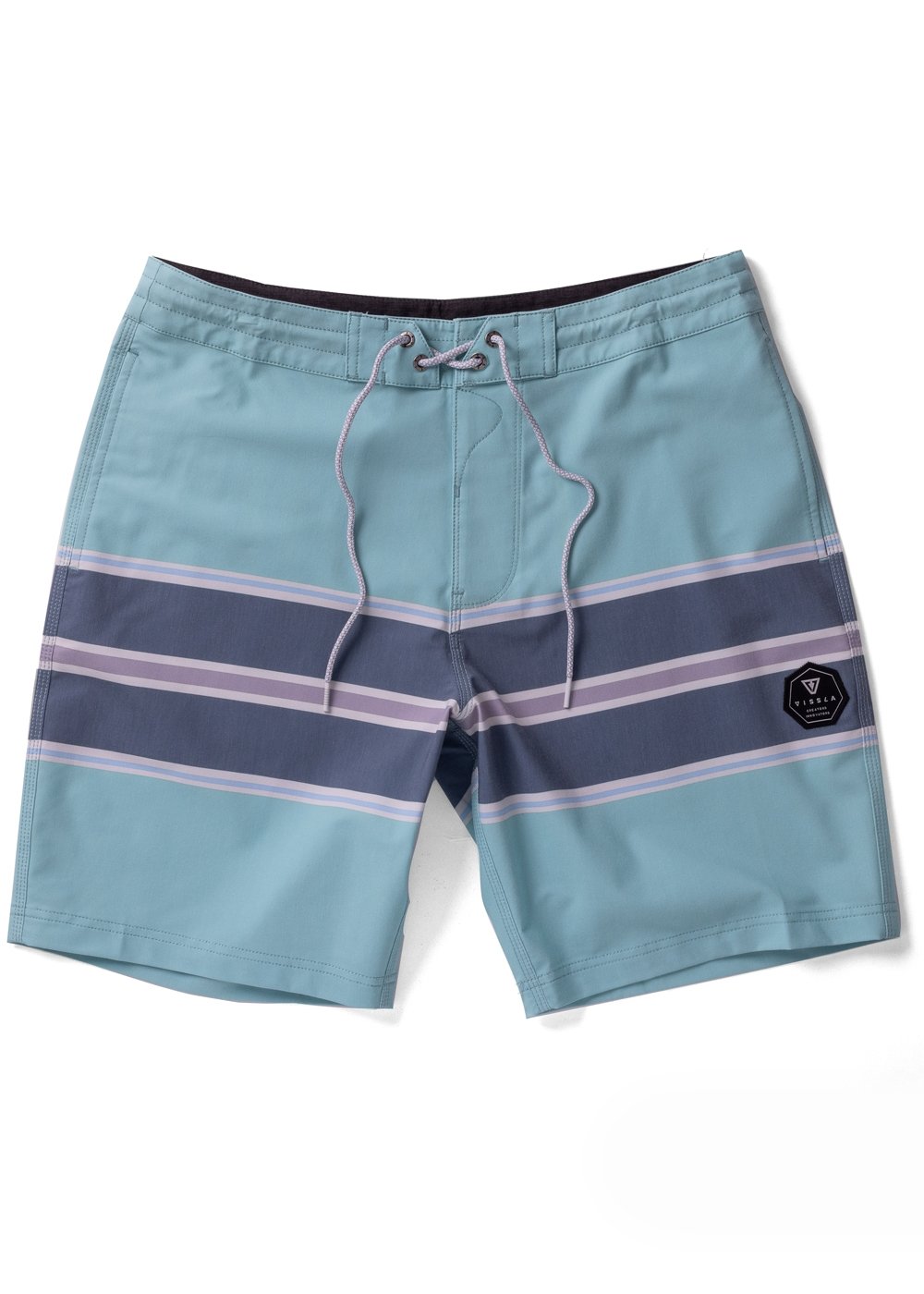 Vissla Free Lap 18.5" jade boardshort with striped design, front view.