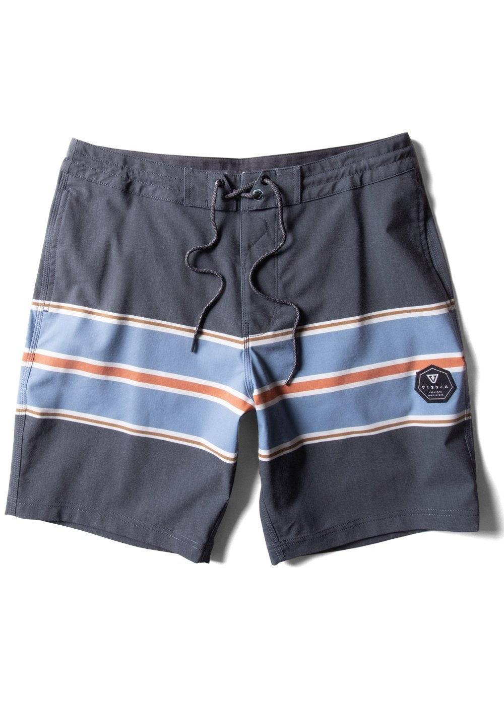 Vissla Free Lap 18.5" boardshort in stone blue with striped design, front view.