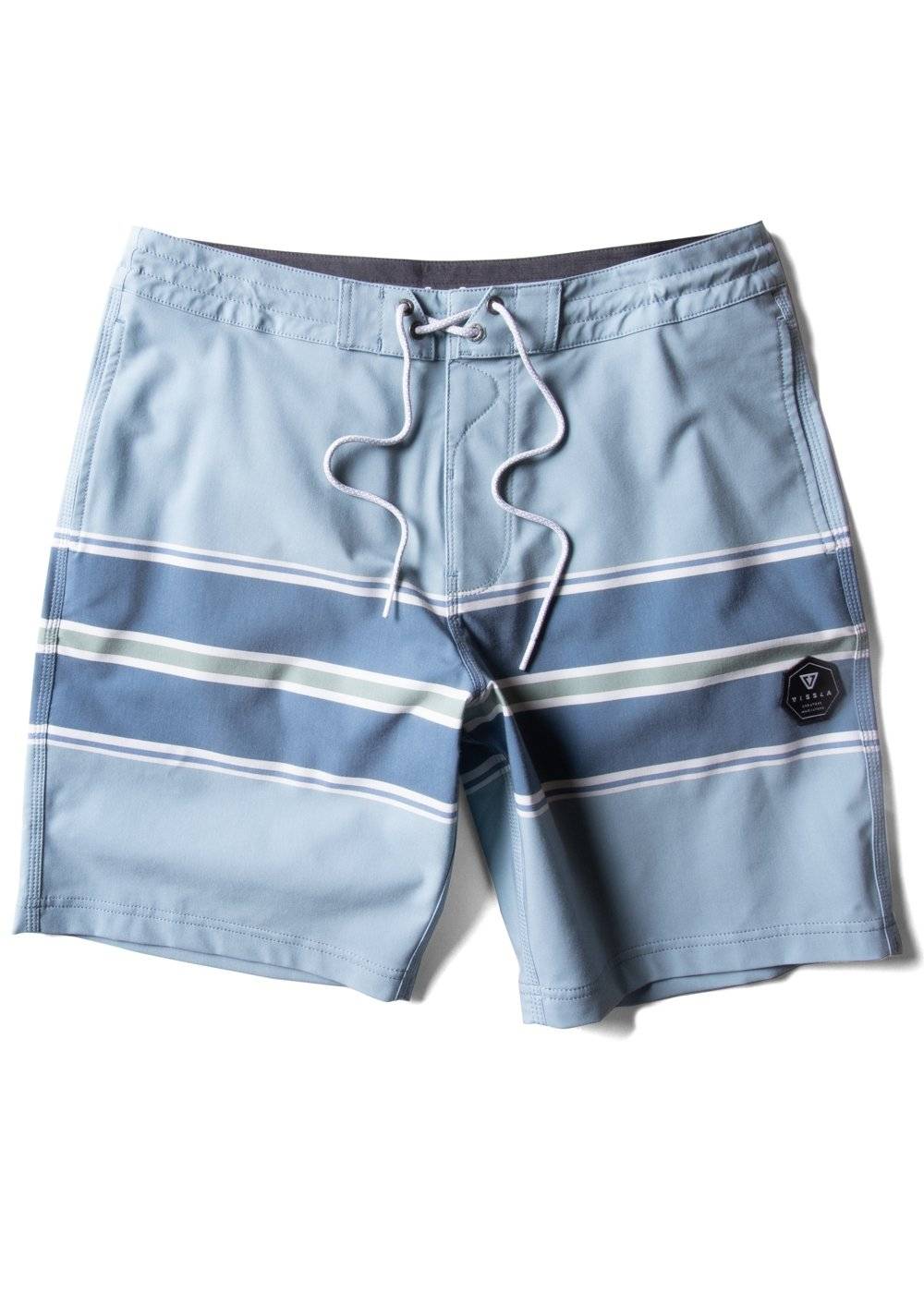 Vissla Free Lap 18.5" boardshort in phantom with striped design, front view.