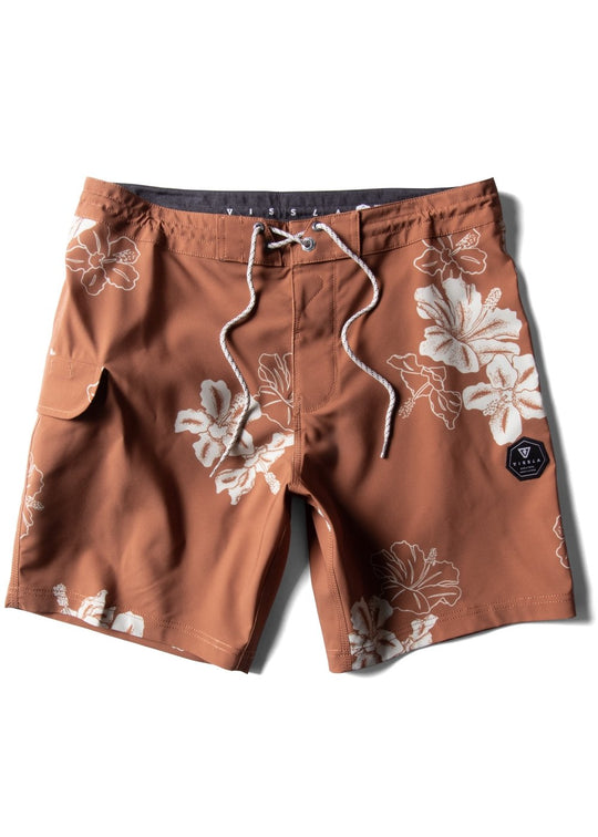 Vissla Byebiscus 17.5-inch light sage boardshort with floral print, front view.