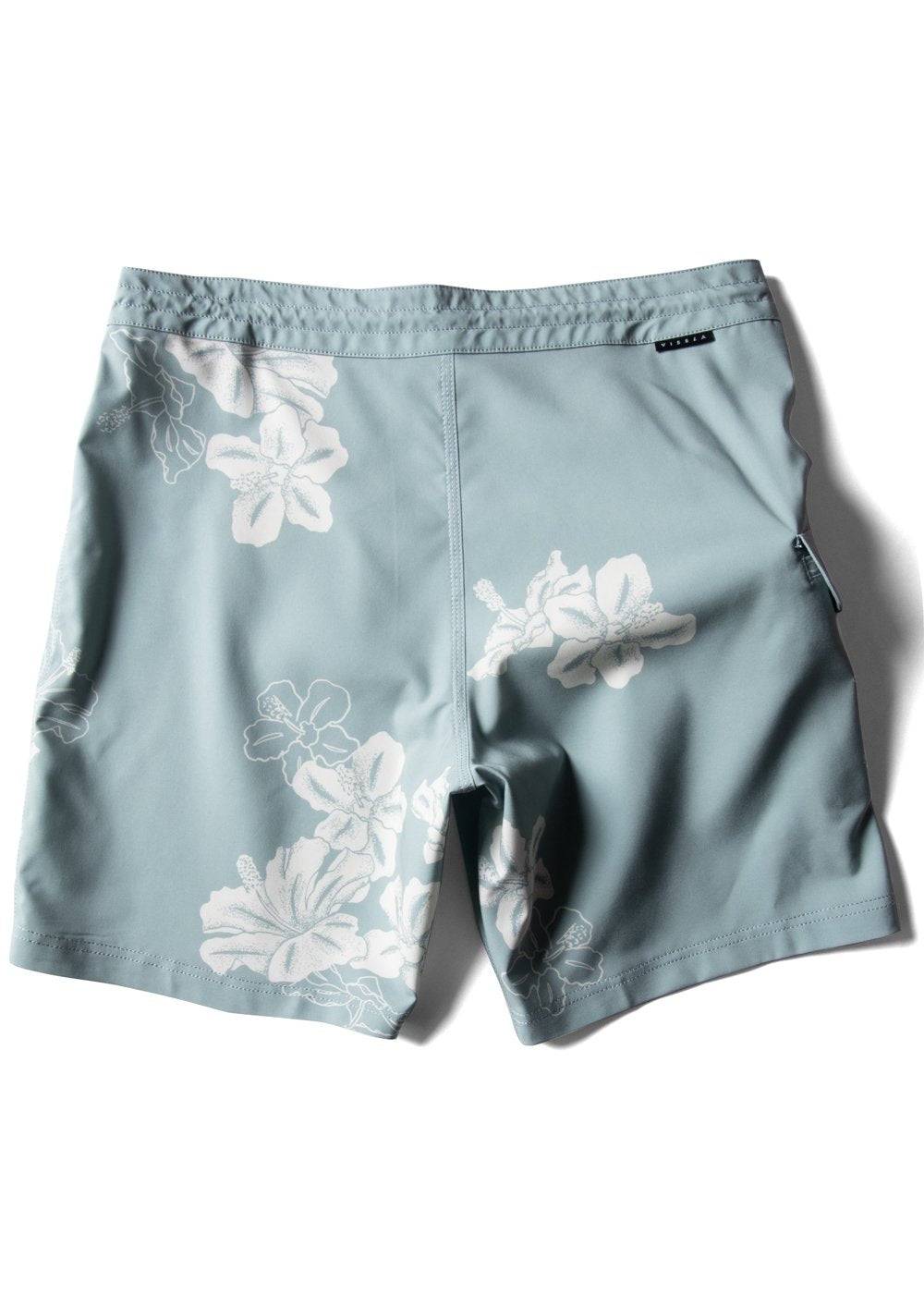 Vissla Byebiscus 17.5-inch light sage boardshort with floral print, back view.