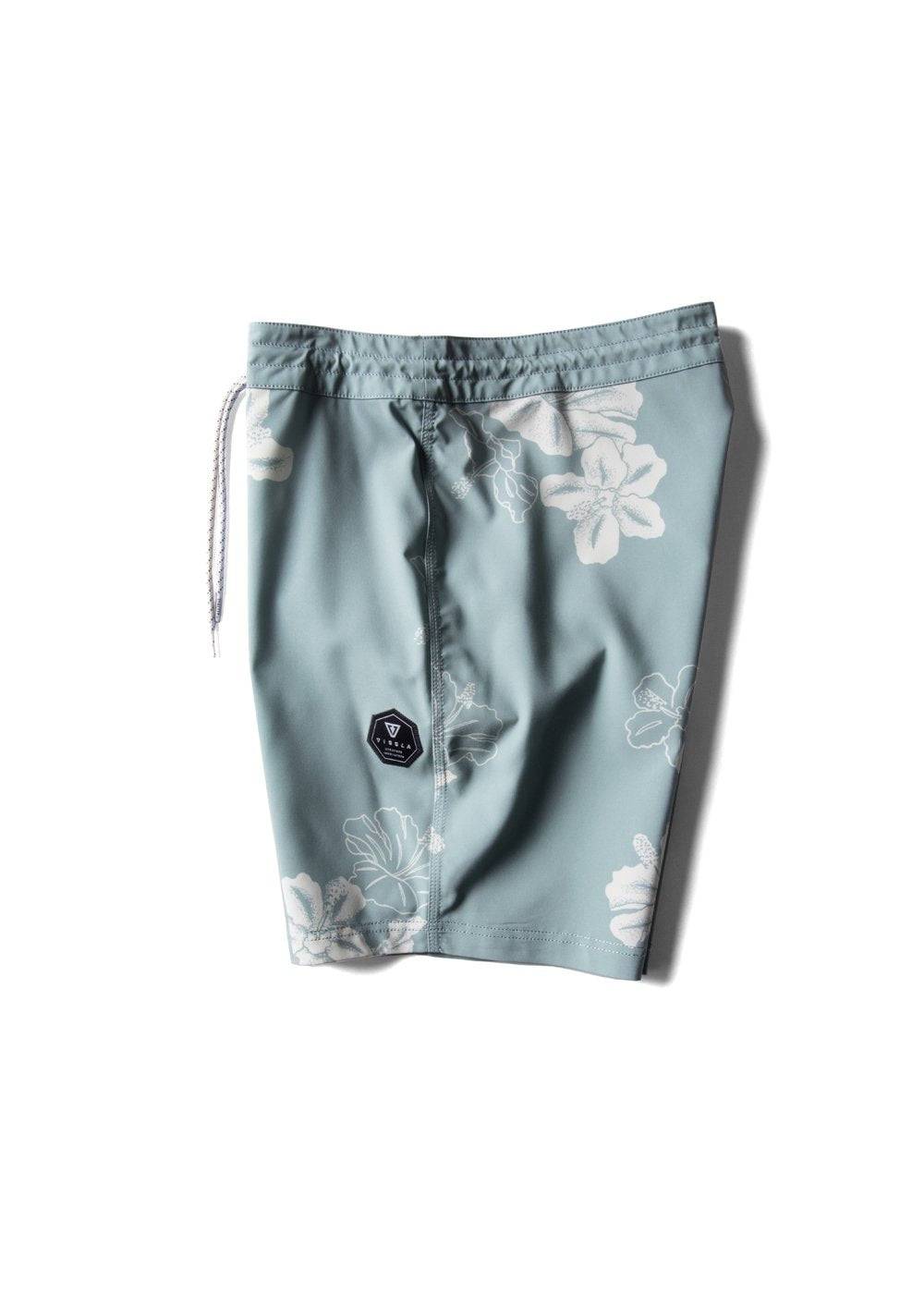 Vissla Byebiscus 17.5-inch light sage boardshort with floral print, side view.
