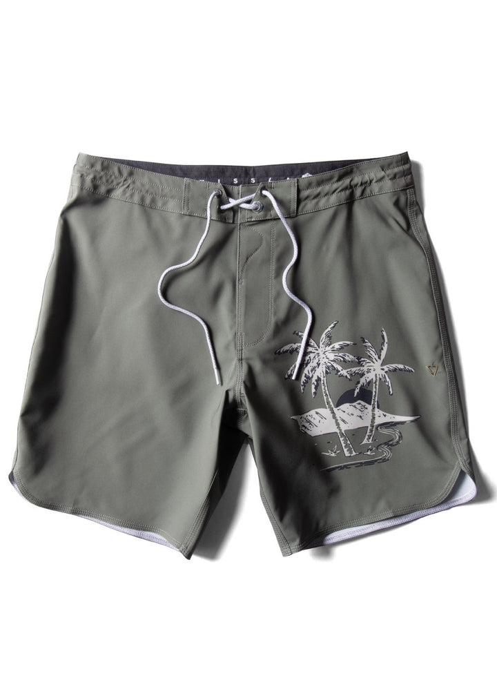 Vissla Le'Ahi 17.5" boardshort in dark denim with tropical palm tree design, front view.