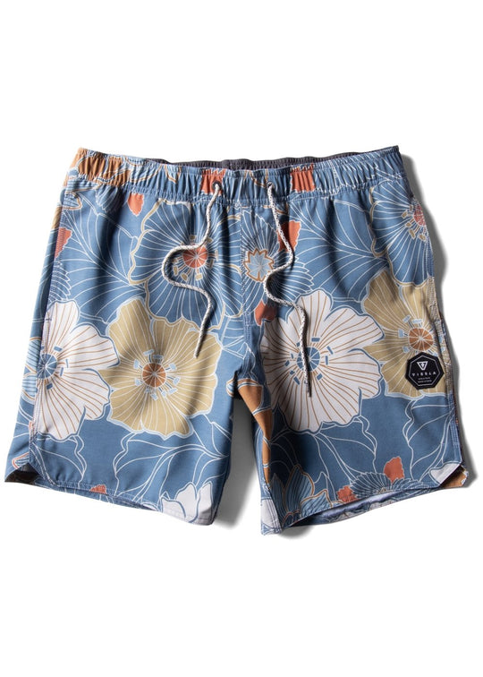 Vissla Chuns 16.5" Ecolastic boardshorts in tidal blue with floral print.