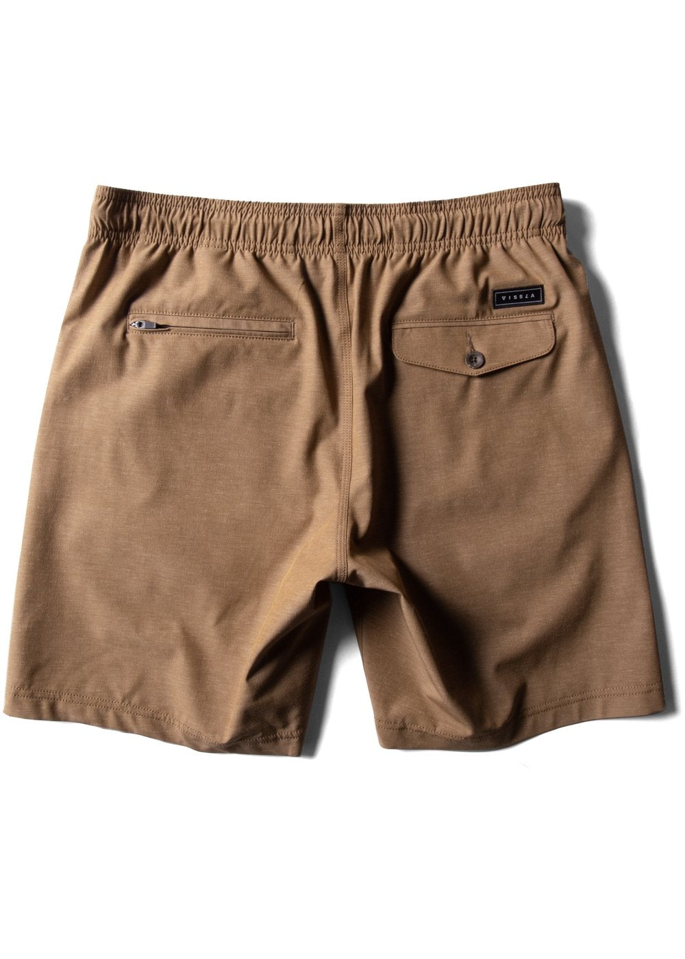 Vissla Hemp No See Ums Eco 18" Elastic Walkshort in brown, back view.